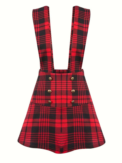 [Everyday Comfort] Chic Black and White Plaid Suspender Skirt with Button Details - Polyester Blend, A-Line, Machine Washable - Women's Fashion