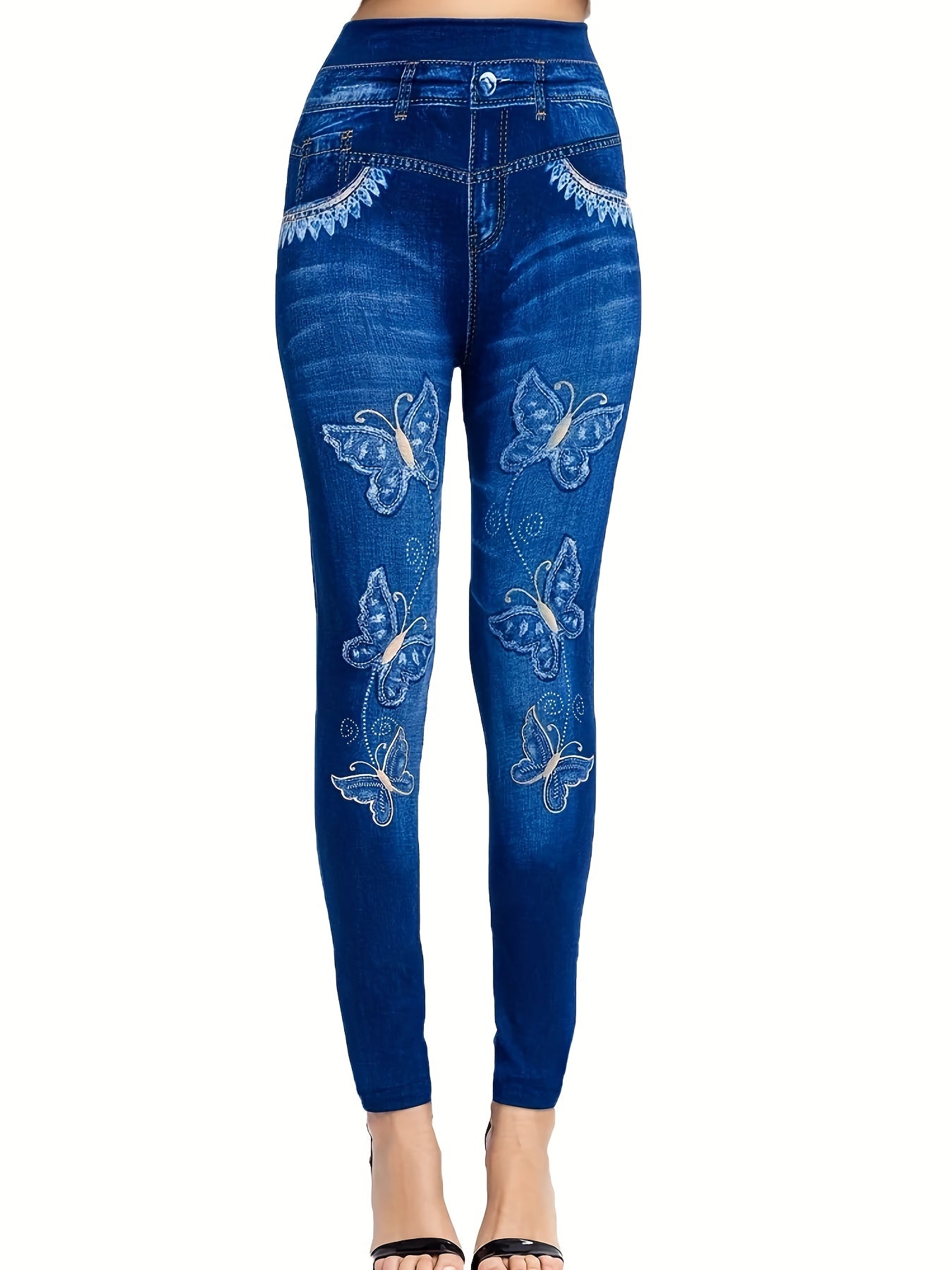 Denim Print High Waist Jeggings, Slim Stretchy Casual Leggings, Women's Clothing