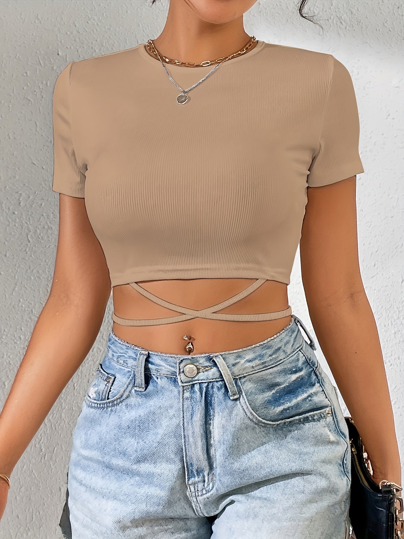 Tie Back Crew Neck Crop T-Shirt, Casual Short Sleeve Top For Spring & Summer, Women's Clothing