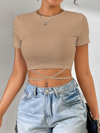 Tie Back Crew Neck Crop T-Shirt, Casual Short Sleeve Top For Spring & Summer, Women's Clothing