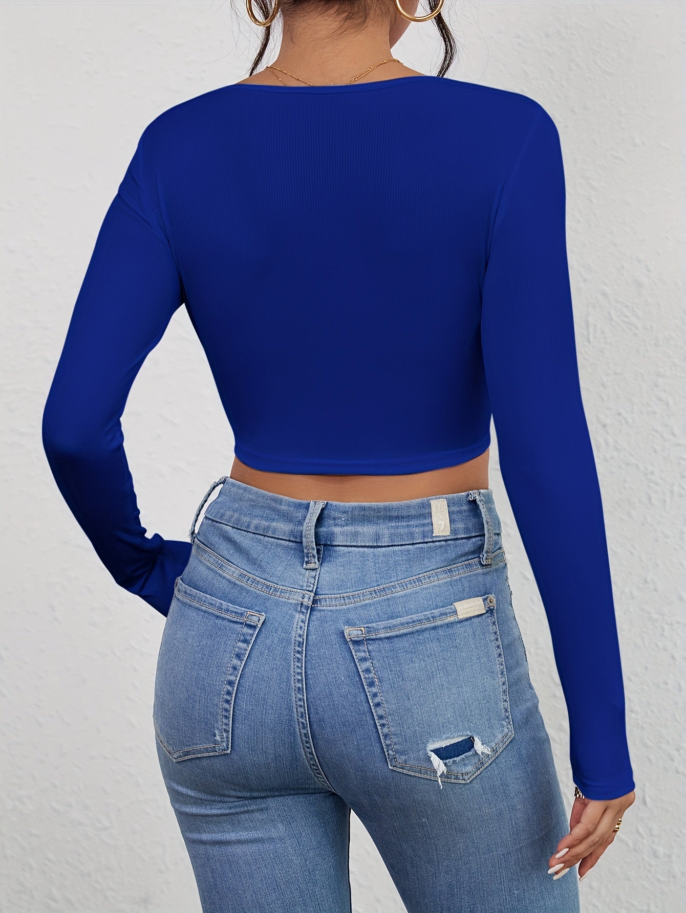 Crop Slim T-Shirt, Solid Long Sleeve T-Shirt For Spring & Fall, Women's Clothing