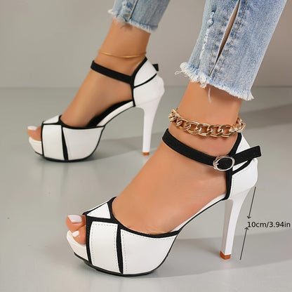 Women's Elegant Colorblock Sandals, Ankle Buckle Strap Platform Hollow Out High Heels, Peep Toe Comfort Shoes