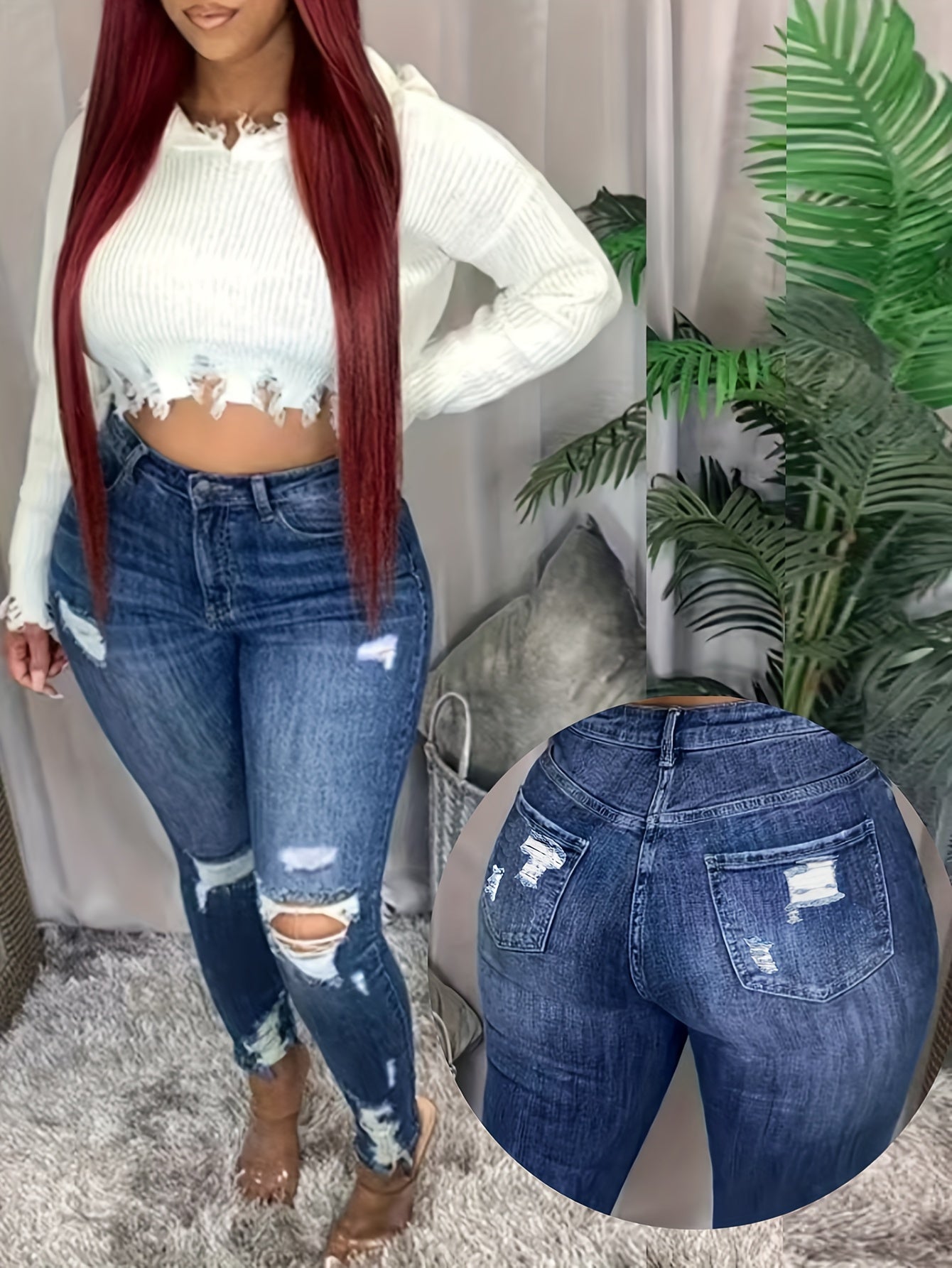 Plus Size Skinny Fit Ripped Raw Hem Plain Washed Blue Versatile Jeans Denim Pants, Women's Denim Jeans & Clothing