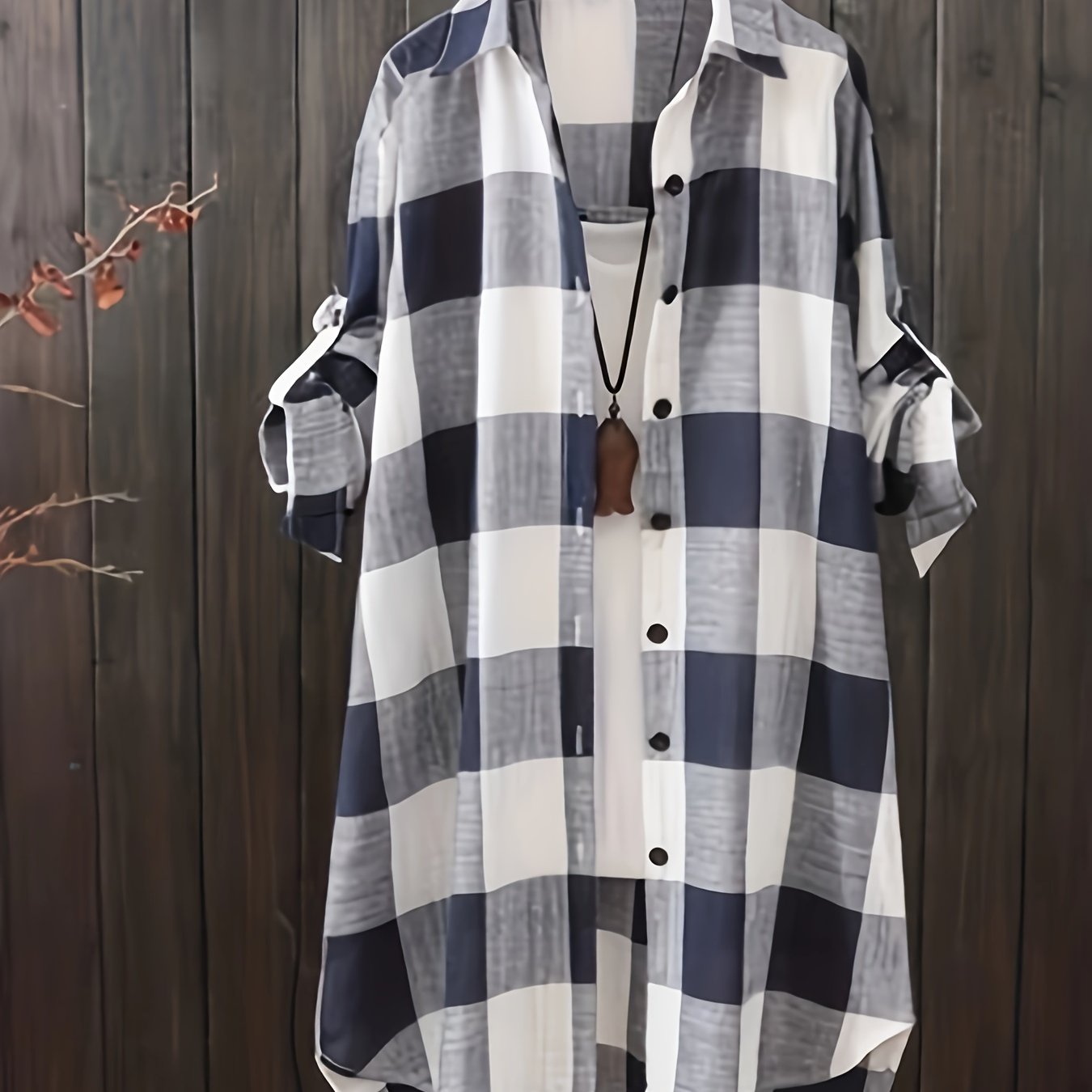 Plus Size Plaid Print Collared Button Shirt, Casual Long Sleeve Shirt For Spring & Fall, Women's Plus Size Clothing