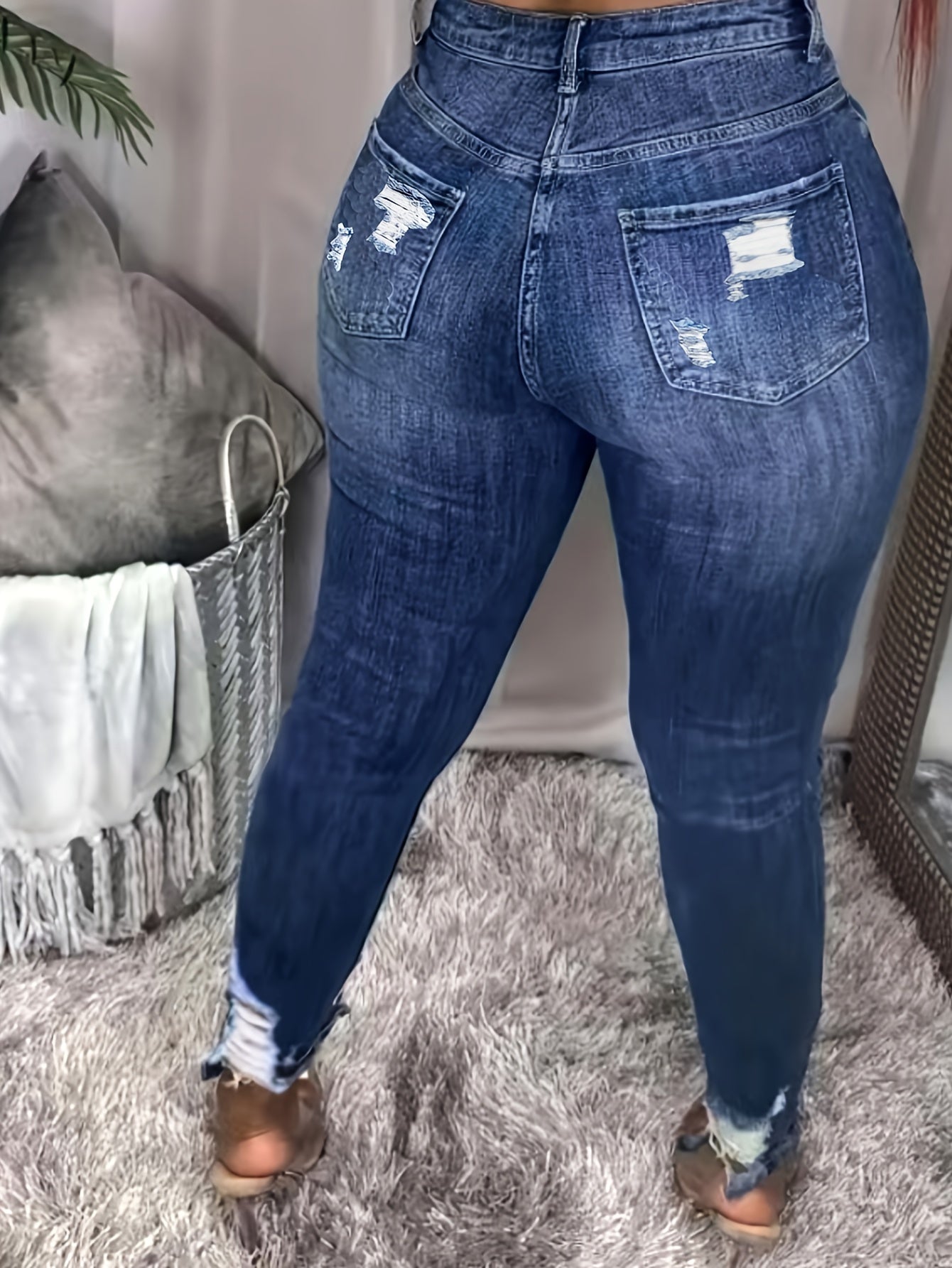 Plus Size Skinny Fit Ripped Raw Hem Plain Washed Blue Versatile Jeans Denim Pants, Women's Denim Jeans & Clothing