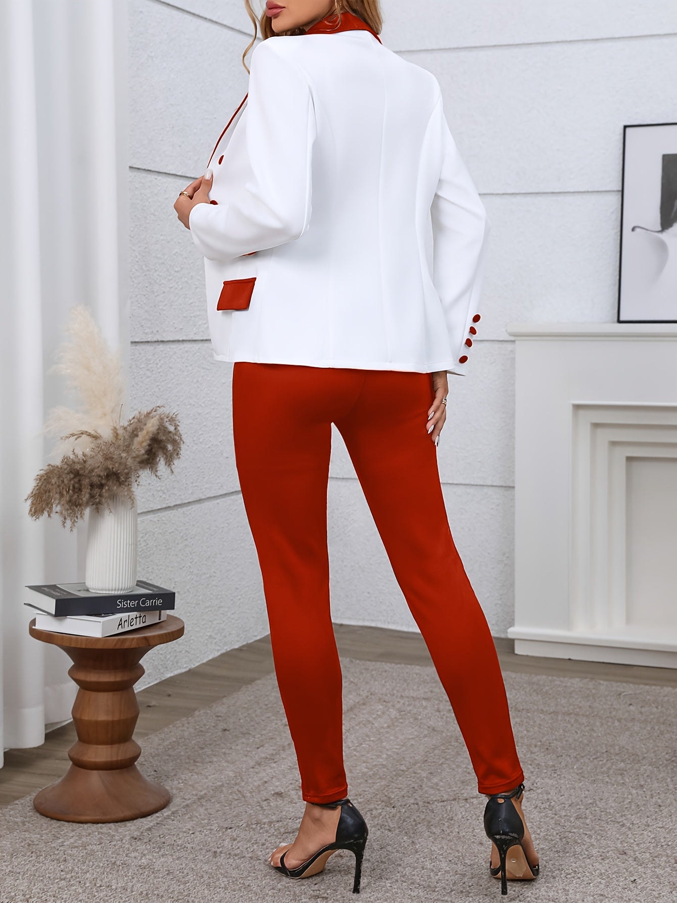 Color Block Two-piece Set, Casual Button Front Blazer & Straight Leg Pants Outfits, Women's Clothing