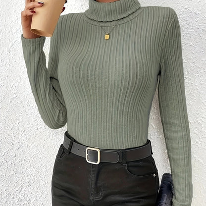 1pc Women'S Solid Color High Neck Long Sleeve T-Shirt, Polyester Knit Fabric, Regular Length, All Season Vacation Style Tee