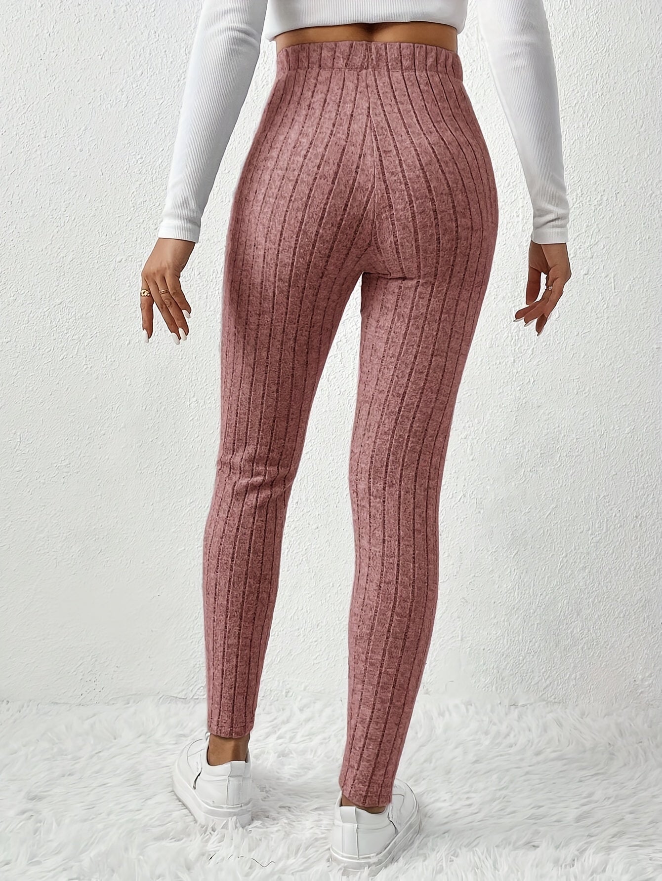 Women's High-Waist Ribbed Knit Pencil Pants - Elegant Brown, Stretchy & Comfortable, Elastic Waistband with Decorative Drawstring, Perfect for Casual Fall/Winter Wear, High Waist Pants