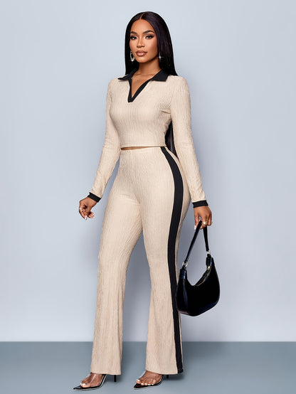 Elegant Two-Piece Set: Chic Long Sleeve Collar Top & Contrast Trim Flared Pants - Polyester, Non-Sheer, Perfect for Spring/Fall - Women's Fashion