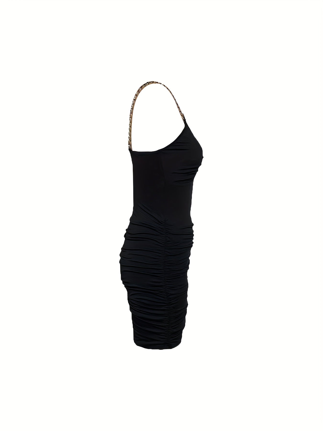 Elegant Black Bodycon Dress with Golden Chain Straps - Sexy Deep V-Neck, Stretch Polyester, Perfect for All Seasons, Cocktail Attire|Stylish Women's Dress|Zipper Detailing