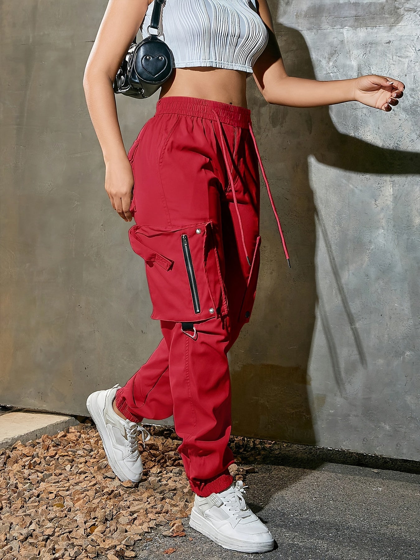 Women's High-Waist Wide-Leg Cargo Pants - Casual Fashion, Soft Polyester, Drawstring Elastic Waist, Multi-Pocket Design, Comfortable for All Seasons, Back Belt, All Seasons