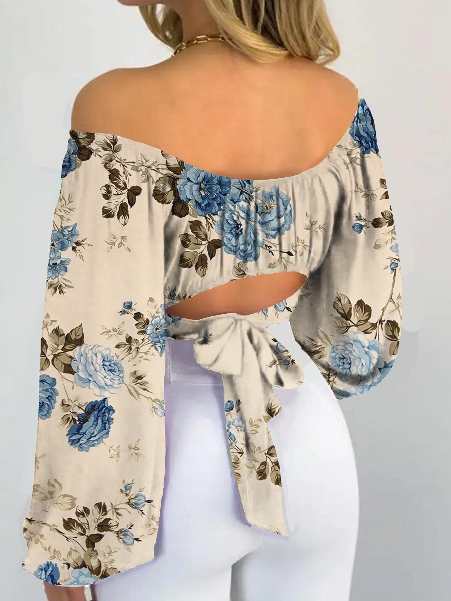 Print Blouse, Short Lantern Sleeve Pullover Top in Polyester with Spandex, Machine Washable - Spring/Summer/Fall, Women's Fashion, Bare Shoulder