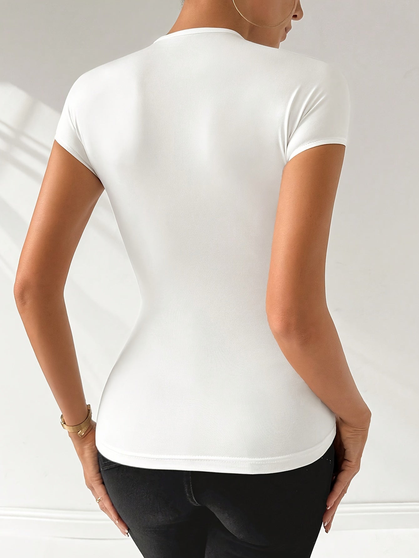 Elegant White V-Neck T-Shirt for Women - Chic Short Sleeve Top with Cross-Front Detail, Stretchy Polyester Blend, Non-Sheer - Perfect for All Seasons