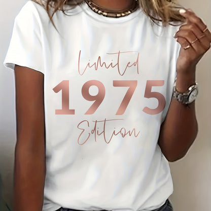 Limited Edition 1975 70th Birthday Letter Print T-Shirt - Women's Casual Short Sleeve Crew Neck Top for Summer & Spring