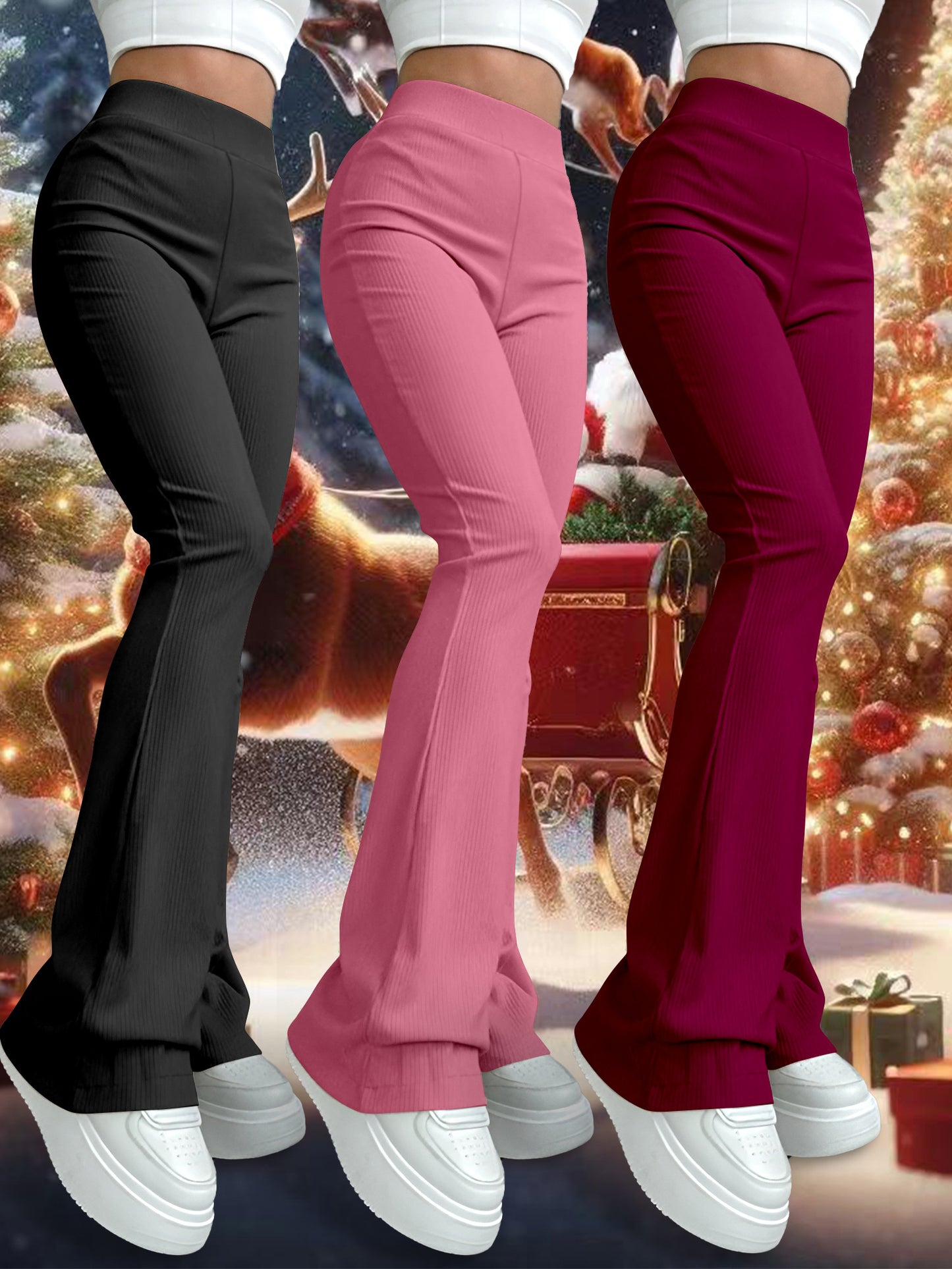 3pcs Women'S High-Waist Flare Leg Pants, Polyester and Spandex Blend, Casual Solid Color Knit Fabric Bell Bottoms, Stretchy Yoga Style Trousers for All Seasons