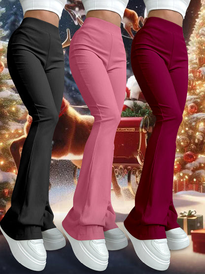 3pcs Women'S High-Waist Flare Leg Pants, Polyester and Spandex Blend, Casual Solid Color Knit Fabric Bell Bottoms, Stretchy Yoga Style Trousers for All Seasons