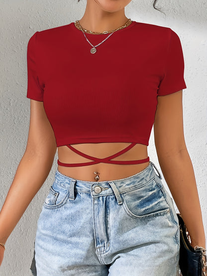 Tie Back Crew Neck Crop T-Shirt, Casual Short Sleeve Top For Spring & Summer, Women's Clothing