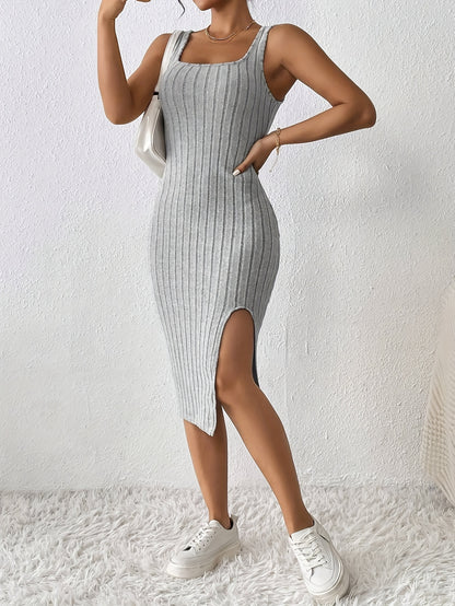 Solid Color Square Neck Bodycon Dress, Casual Split Sleeveless Midi Dress For Summer, Women's Clothing