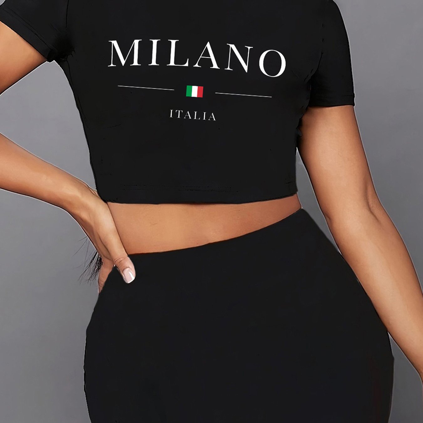 Elegant Milan Letter Print Two-Piece Set for Women - Crew Neck Short Sleeve Tee & Skirt, Spring/Summer Fashion, Machine Washable