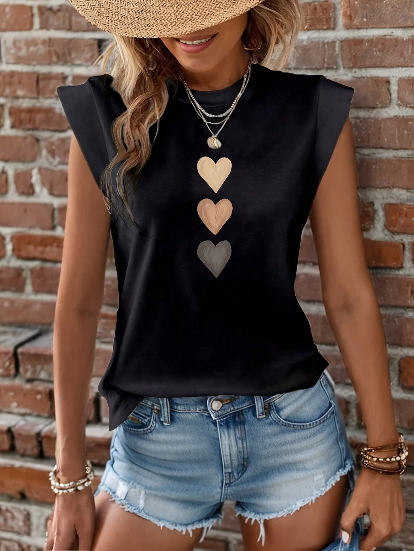 Heart Print Crew Neck T-Shirt, Casual Cap Sleeve Top For Spring & Summer, Women's Clothing