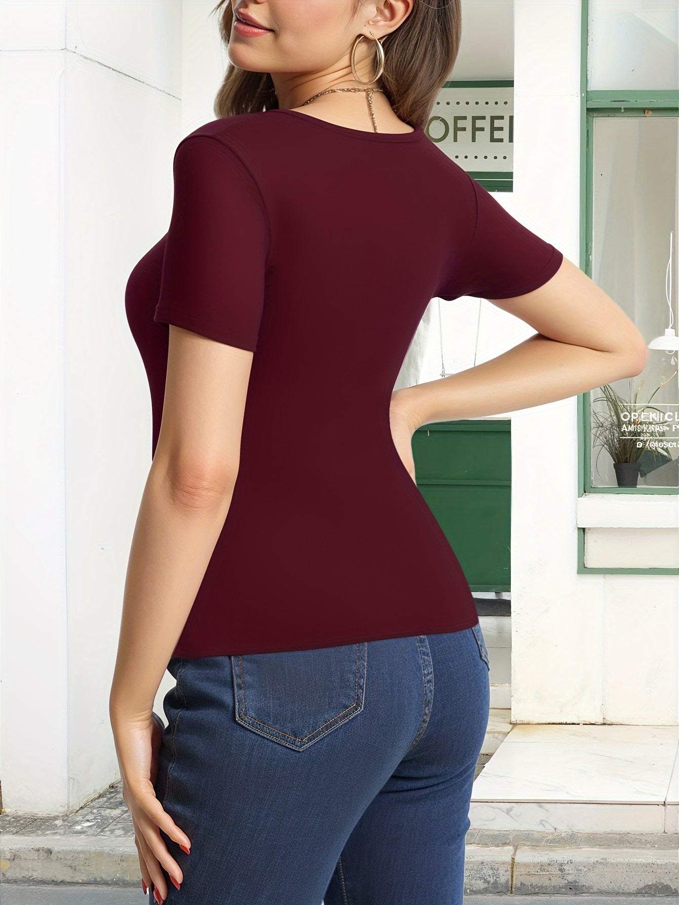 Solid Color V Neck T-Shirt, Versatile Slim Short Sleeve T-Shirt For Spring & Summer, Women's Clothing