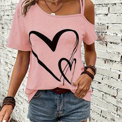 Heart Print Cold Shoulder T-shirt, Casual Short Sleeve Backless Asymmetrical Top, Women's Clothing