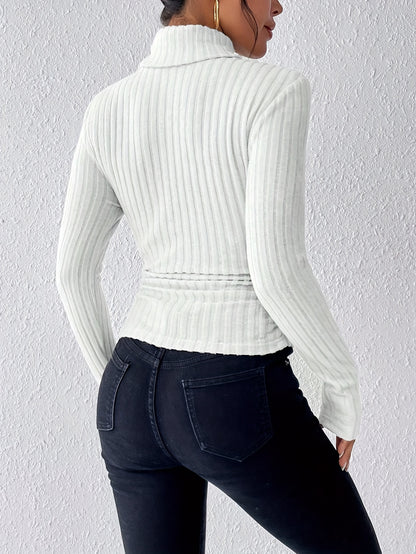 Solid Ribbed Turtle Neck T-shirt, Casual Long Sleeve Knitted Top For Spring & Fall, Women's Clothing