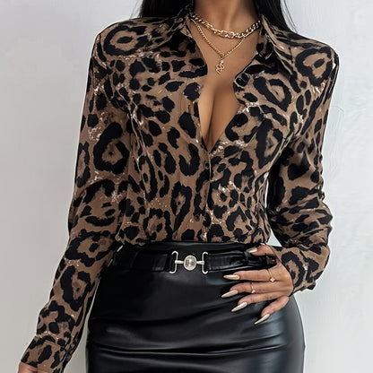 Women'S Elegant Leopard Print Lapel Collar Shirt, Casual Polyester Blouse with Elastane, Woven Fabric, Spring/Fall Season, 105g/m² Weight