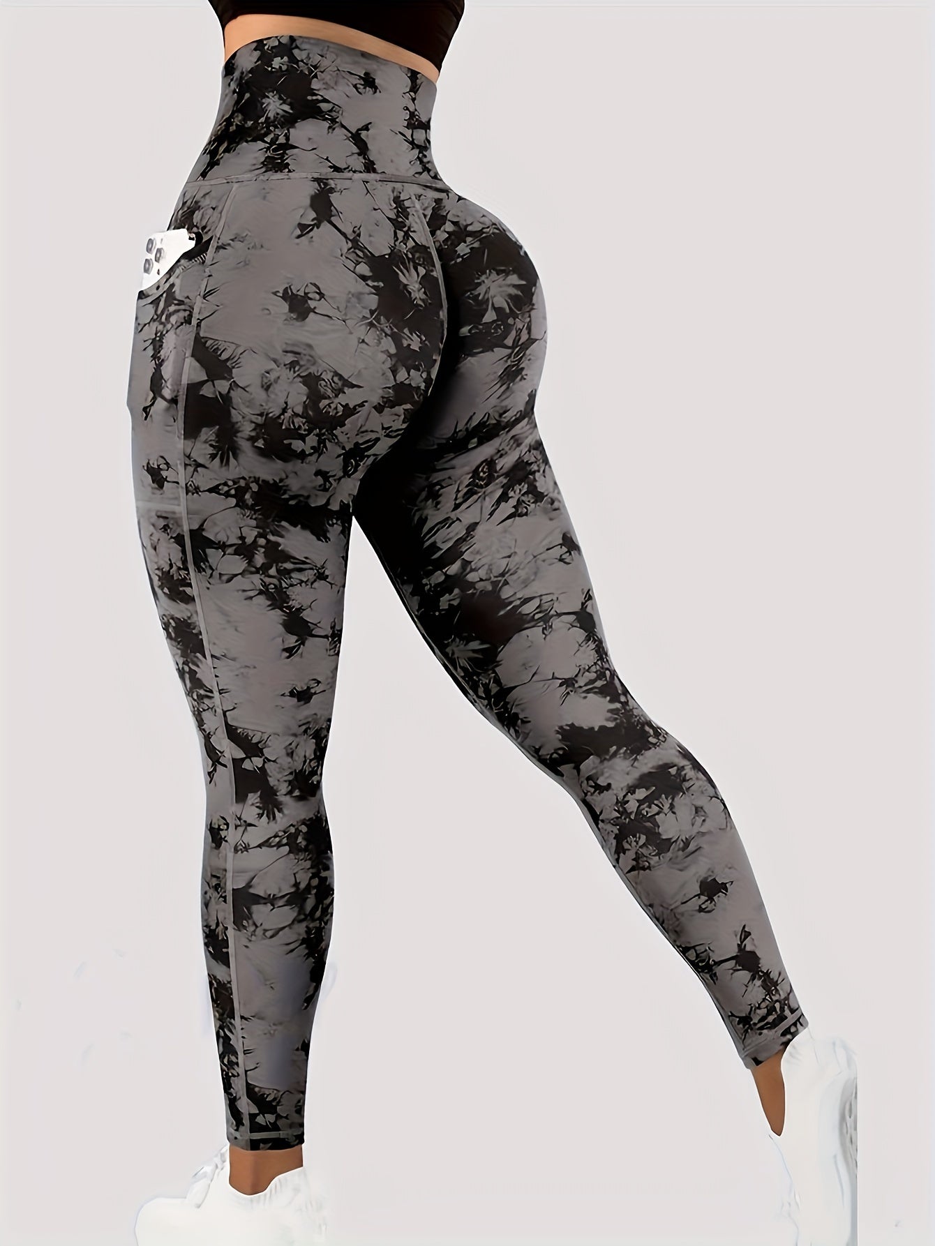 Women'S Tie-Dye Print High-Waisted Tummy Control Pants with Front Zipper, Sexy Mid-Rise Tight Leggings, Pocket, Stretchy Polyester Fabric, All-Season, Athletic Yoga Workout Running Pants for Adults