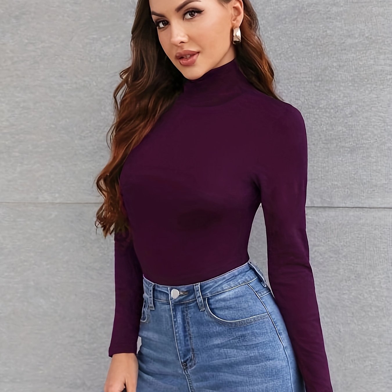 Women'S Casual High-Neck Long Sleeve T-Shirt, Solid Color Basic High-Neck T-Shirt, Women'S Top