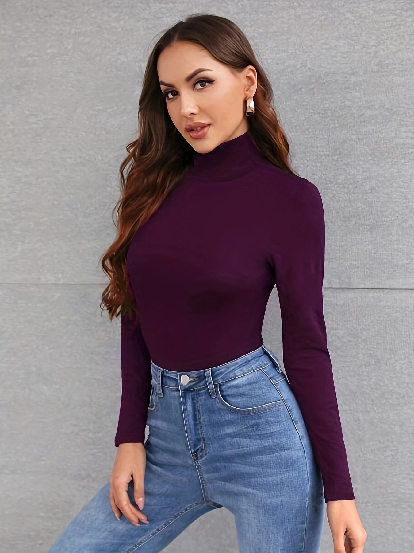 Women'S Casual High-Neck Long Sleeve T-Shirt, Solid Color Basic High-Neck T-Shirt, Women'S Top