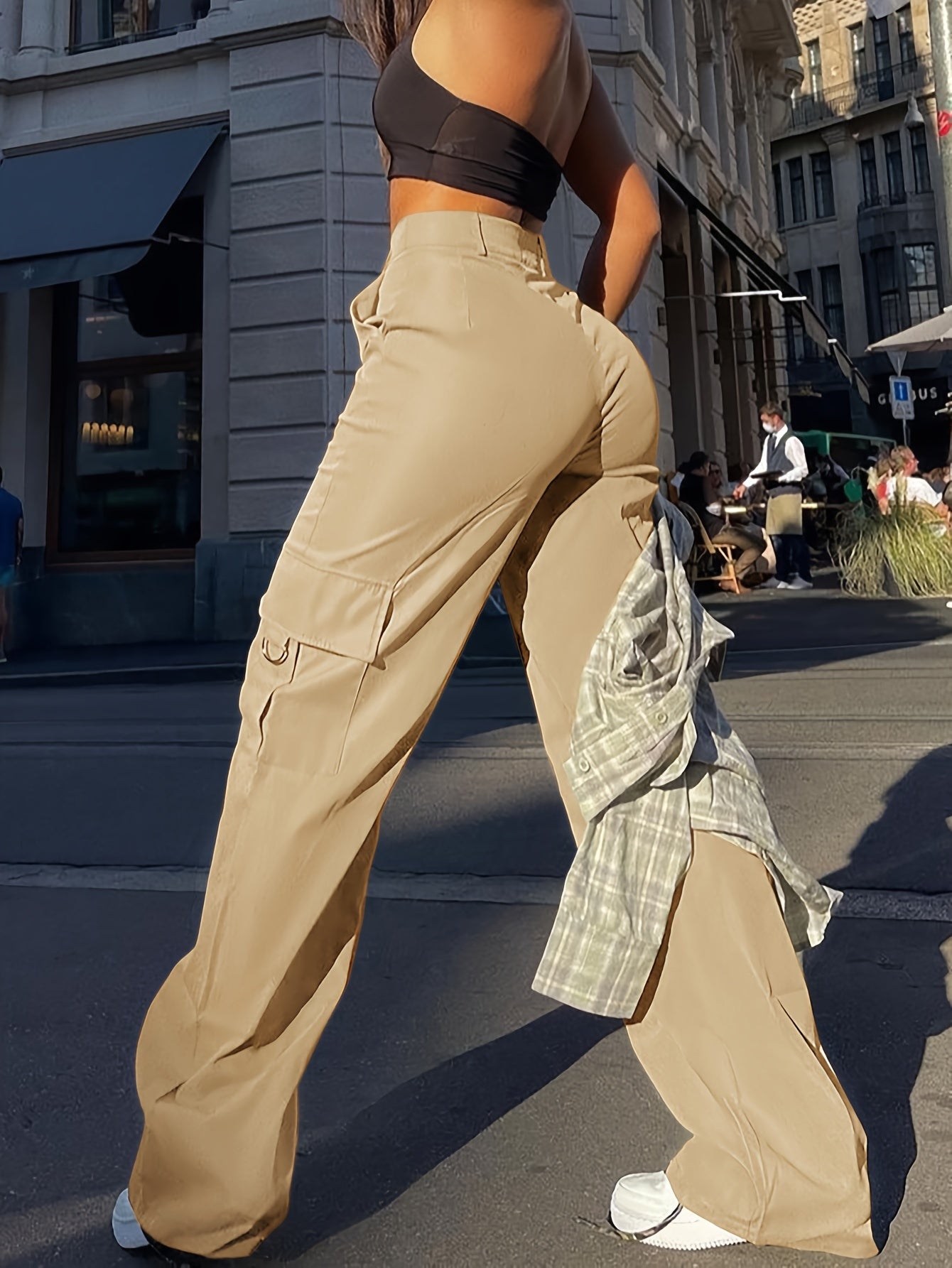 1pc Swakaki Women'S High Waist Cargo Pants, Solid Color Polyester Street Style, Non-Stretch Woven Fabric, All-Season Long Length with Flap Pockets