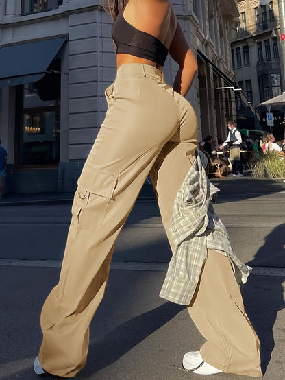 1pc Swakaki Women'S High Waist Cargo Pants, Solid Color Polyester Street Style, Non-Stretch Woven Fabric, All-Season Long Length with Flap Pockets