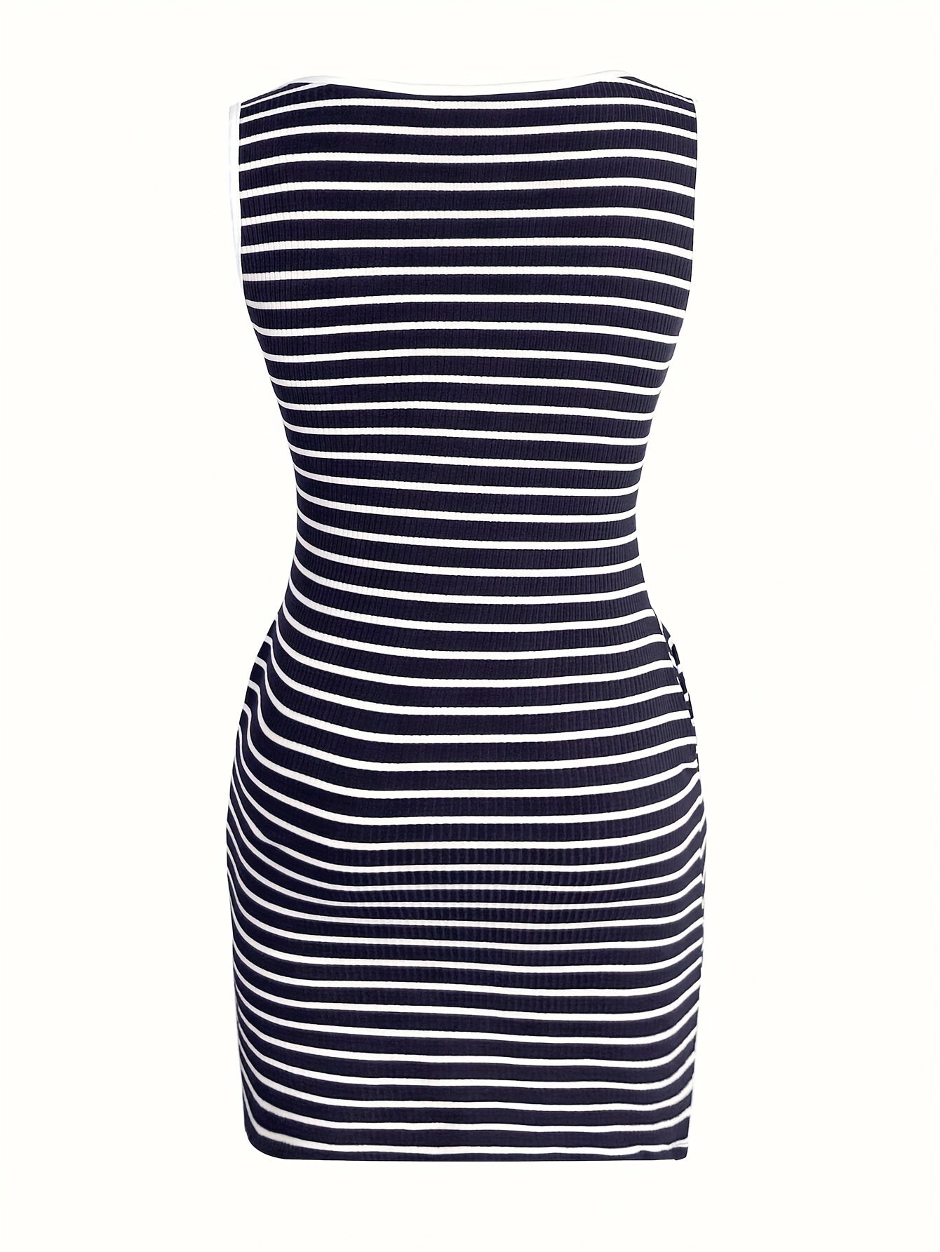 Women's Striped Bodycon Midi Dress with Y-Neck and Button Detail - Sexy, Stretchy Polyester/Spandex Blend, Short Sleeve, Perfect for Spring/Summer, Spring Fashion|Sexy Midi Dress|Stretchy Fabric Dress