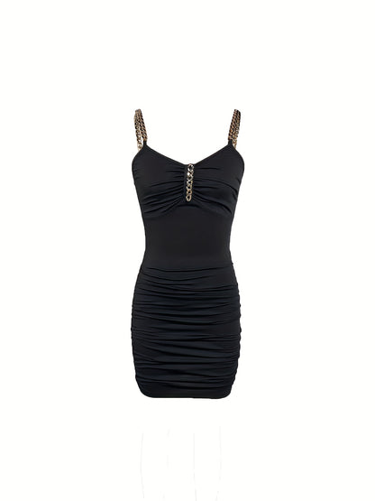 Elegant Black Bodycon Dress with Golden Chain Straps - Sexy Deep V-Neck, Stretch Polyester, Perfect for All Seasons, Cocktail Attire|Stylish Women's Dress|Zipper Detailing