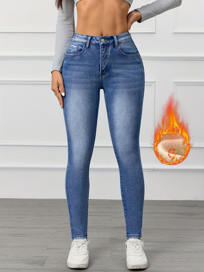 Winter Stylish And Versatile Blue Fleece-Lined High-Waisted Stretchy Skinny Jeans for Women.