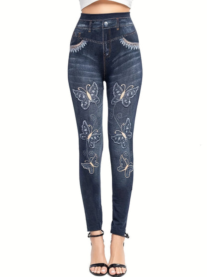 Denim Print High Waist Jeggings, Slim Stretchy Casual Leggings, Women's Clothing