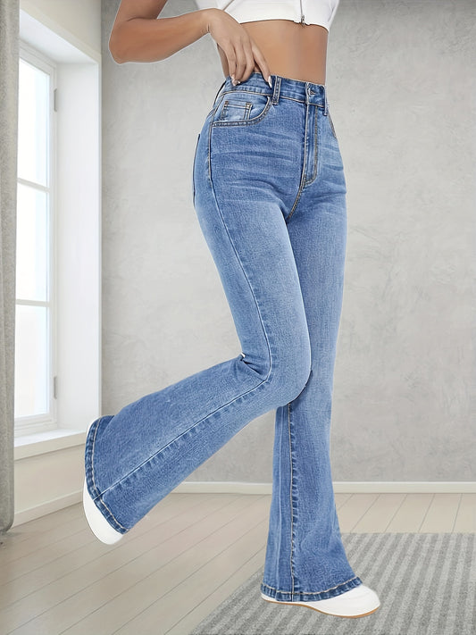 Fashionable And Versatile High-Waisted Stretchy Blue Flared Jeans for Women.