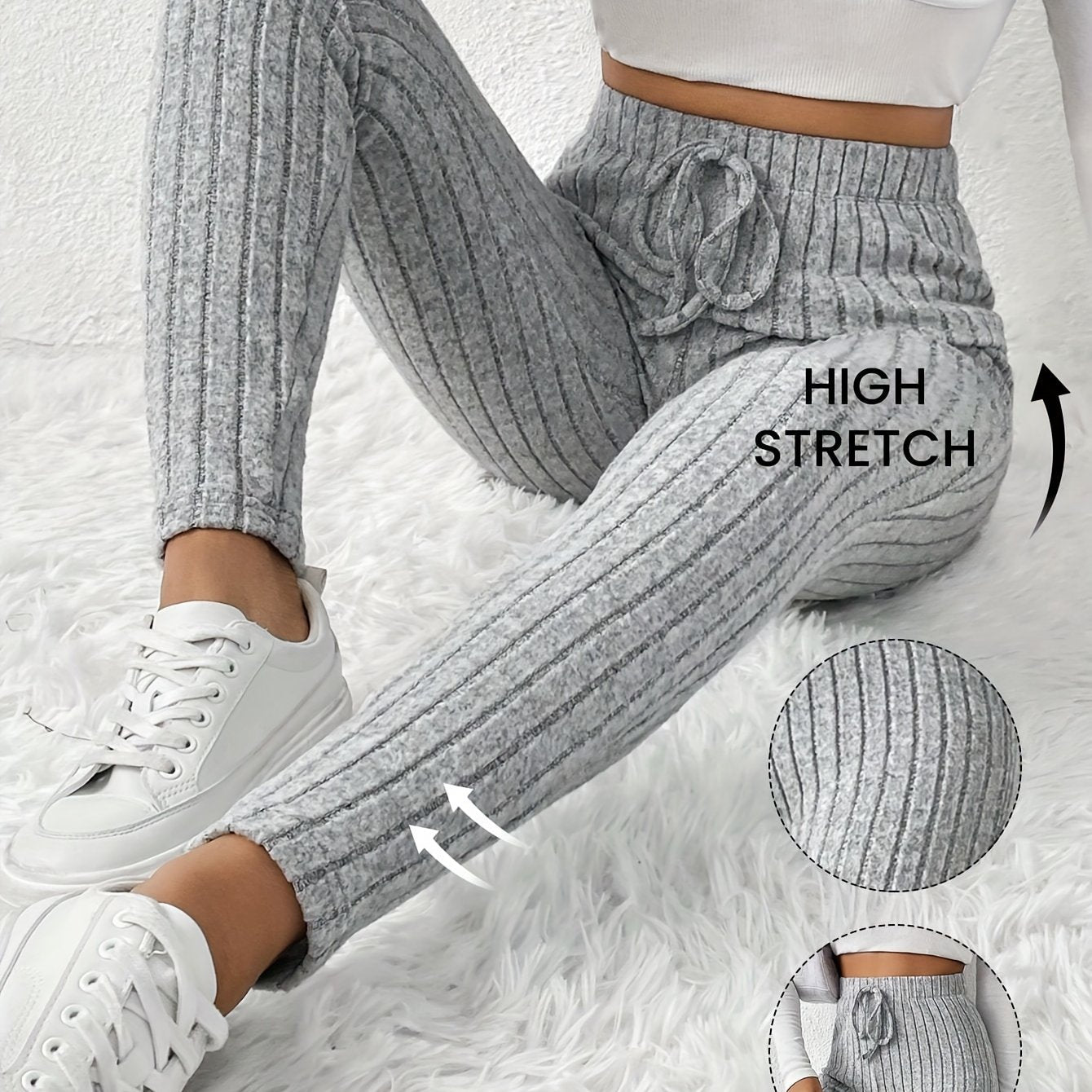 Women's High-Waist Ribbed Knit Pencil Pants - Elegant Brown, Stretchy & Comfortable, Elastic Waistband with Decorative Drawstring, Perfect for Casual Fall/Winter Wear, High Waist Pants