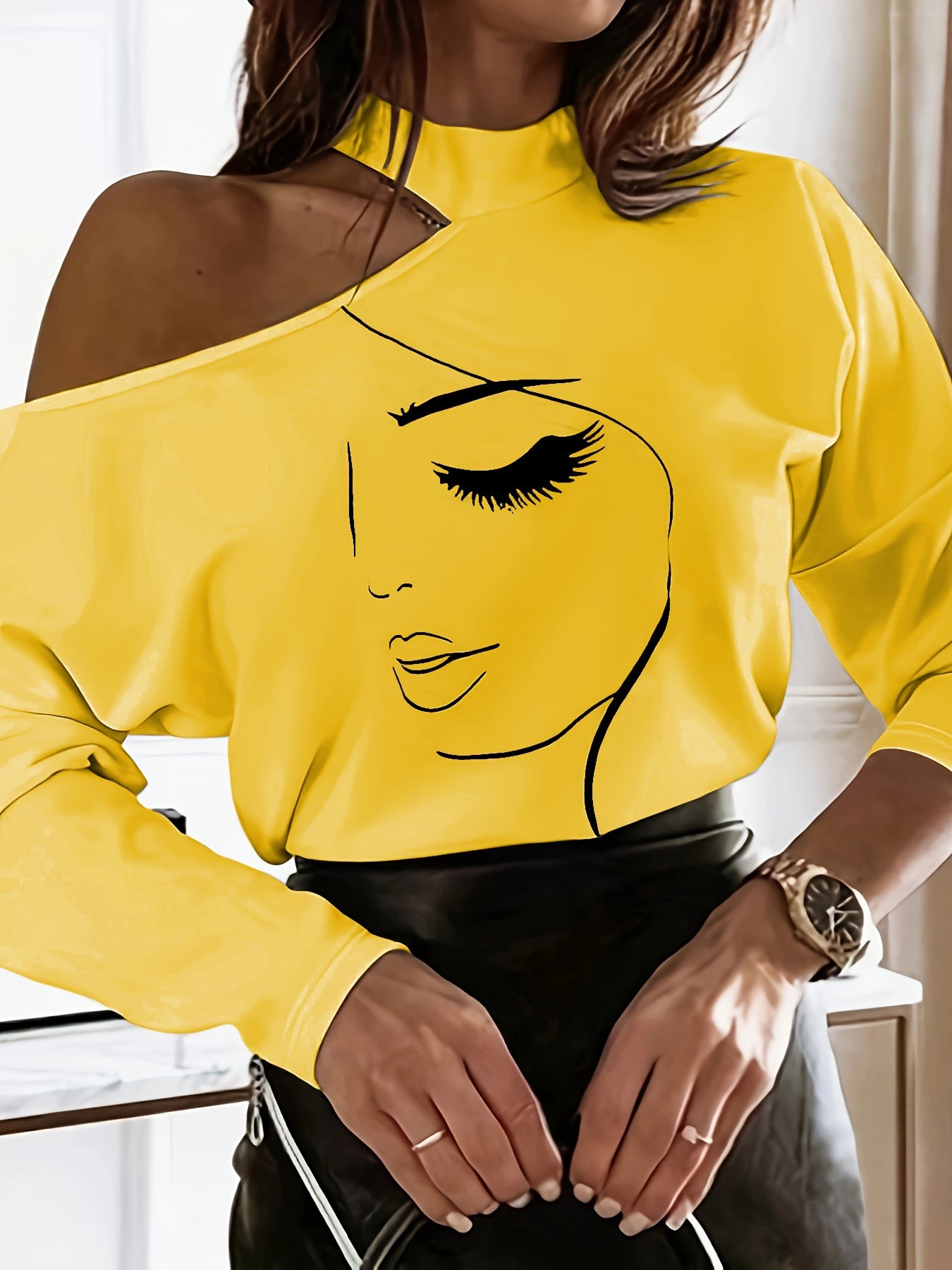 Abstract Face Print T-shirt, Casual Cut Out Long Sleeve T-shirt, Women's Clothing