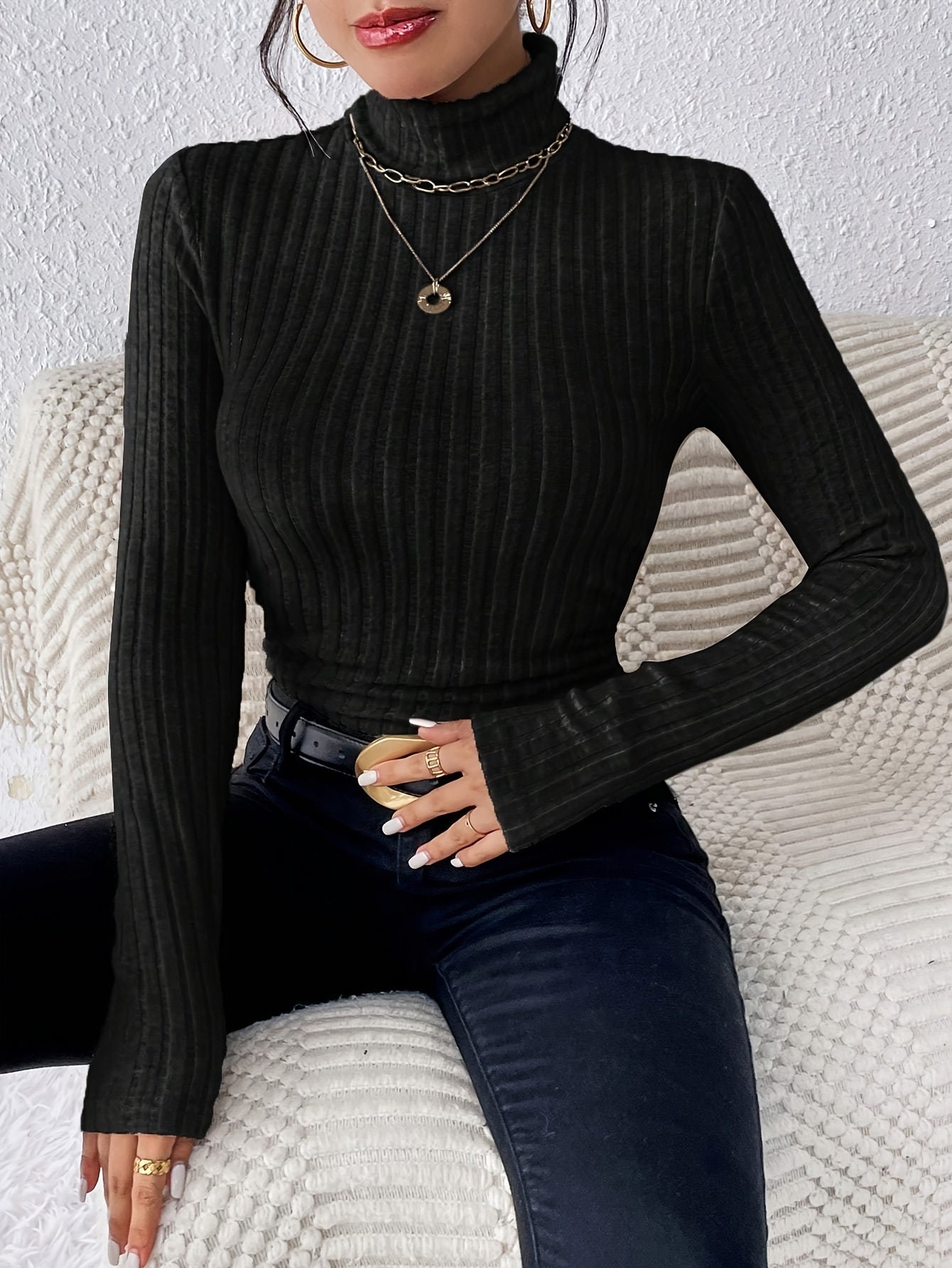 Solid Ribbed Turtle Neck T-shirt, Casual Long Sleeve Knitted Top For Spring & Fall, Women's Clothing