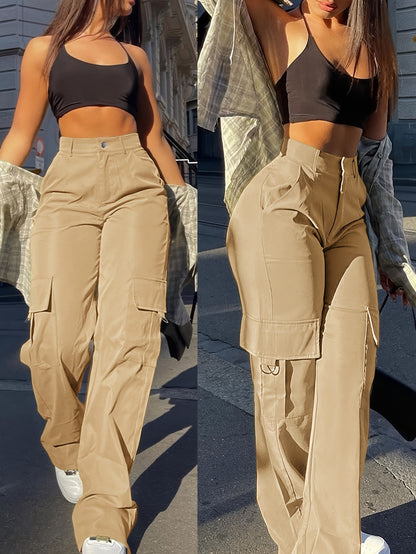 1pc Swakaki Women'S High Waist Cargo Pants, Solid Color Polyester Street Style, Non-Stretch Woven Fabric, All-Season Long Length with Flap Pockets