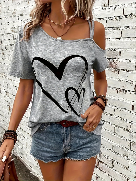 Heart Print Cold Shoulder T-shirt, Casual Short Sleeve Backless Asymmetrical Top, Women's Clothing