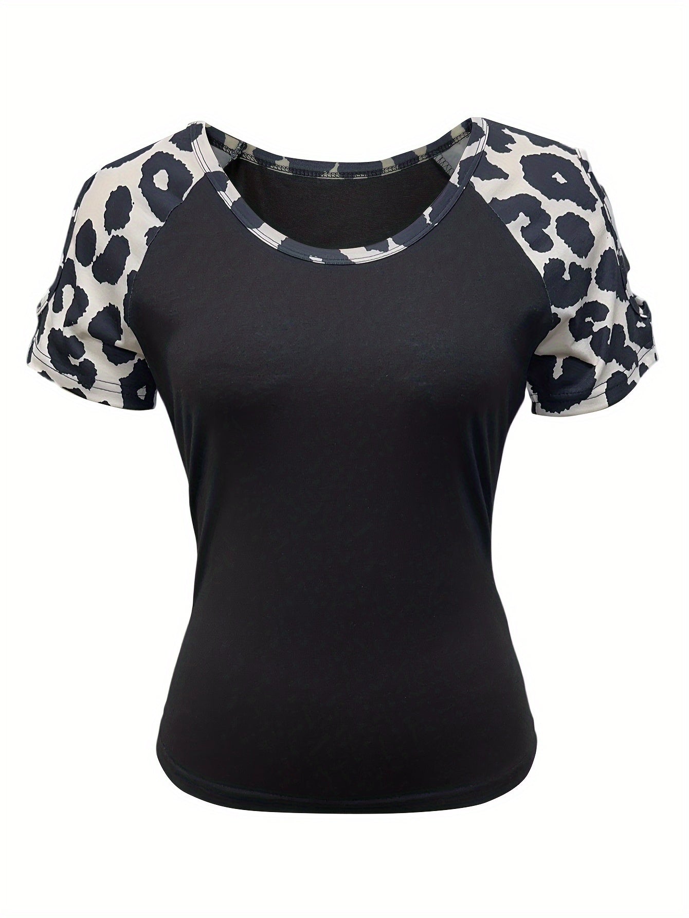 Leopard Print Crew Neck T-Shirt, Casual Cut Out Short Sleeve Top For Spring & Summer, Women's Clothing