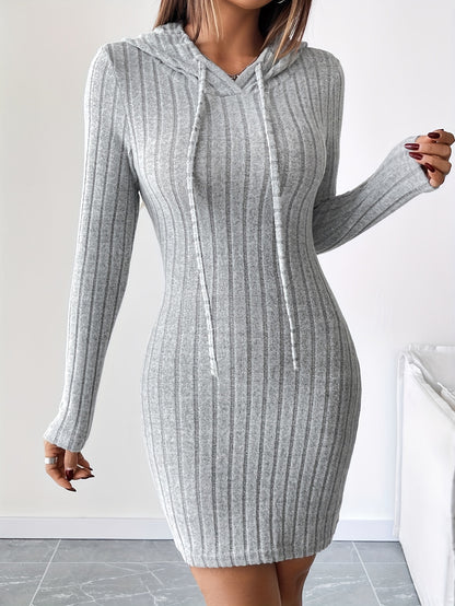 Rib Knit Drawstring Hooded Bodycon Dress