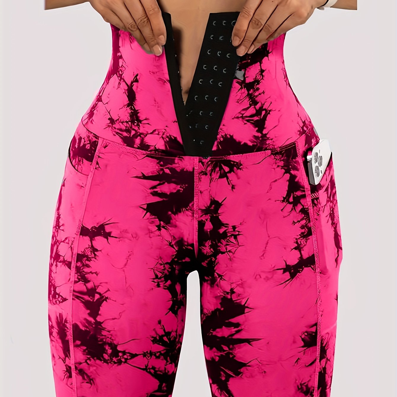 Women'S Tie-Dye Print High-Waisted Tummy Control Pants with Front Zipper, Sexy Mid-Rise Tight Leggings, Pocket, Stretchy Polyester Fabric, All-Season, Athletic Yoga Workout Running Pants for Adults