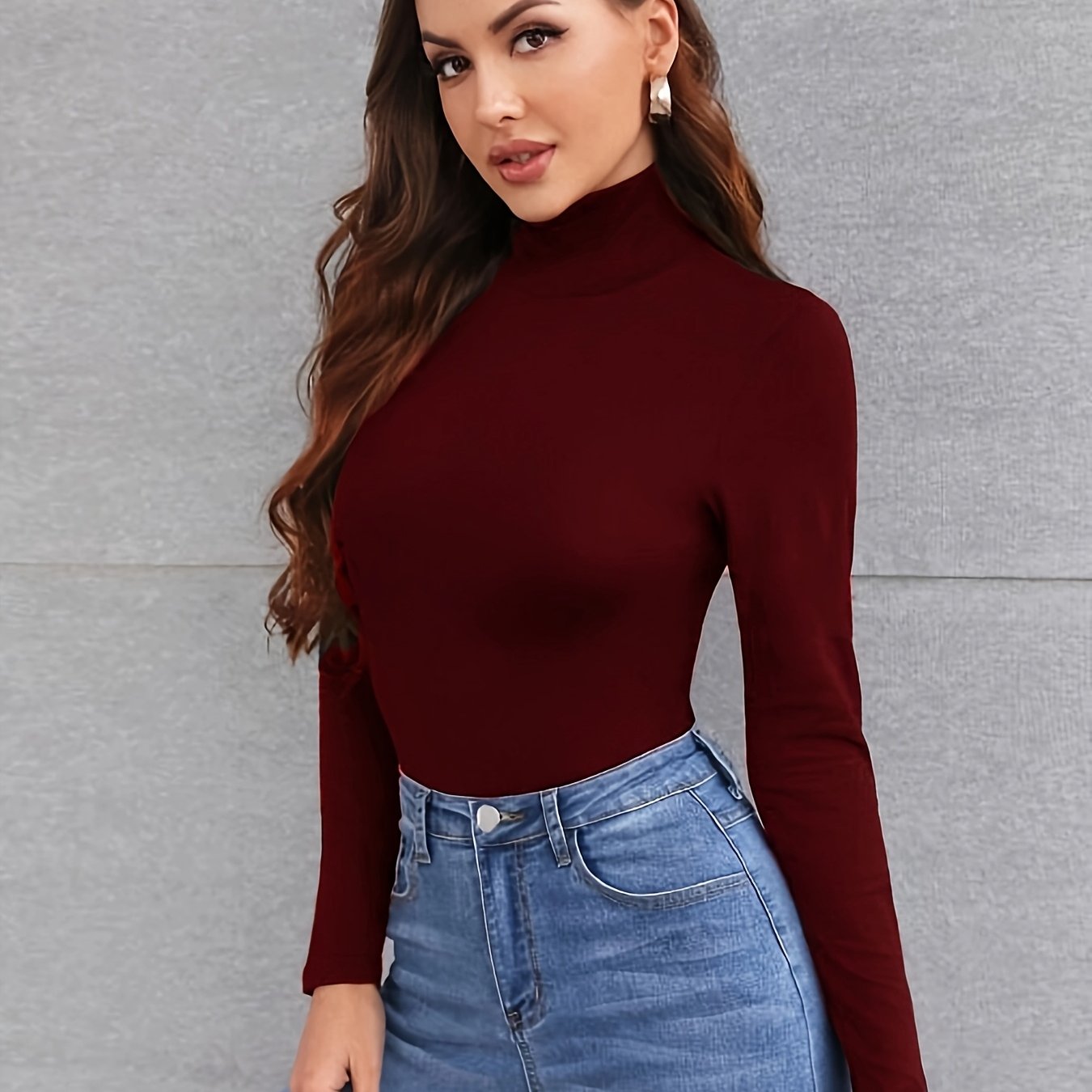 Women'S Casual High-Neck Long Sleeve T-Shirt, Solid Color Basic High-Neck T-Shirt, Women'S Top