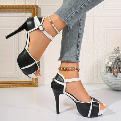 Women's Elegant Colorblock Sandals, Ankle Buckle Strap Platform Hollow Out High Heels, Peep Toe Comfort Shoes