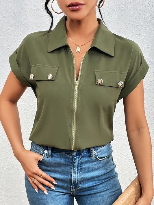 Chic Allure, Elegant Solid Color Zip-Up Blouse with Chic Lapel Collar - Comfortable Short Sleeve Top for Women, Perfect for Casual Wear, Dates, Parties & Business Occasions