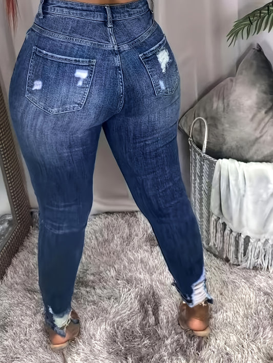 Plus Size Skinny Fit Ripped Raw Hem Plain Washed Blue Versatile Jeans Denim Pants, Women's Denim Jeans & Clothing